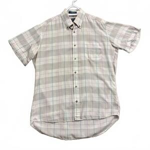 Vtg 80's Preppy Men's Short Sleeve Button-Up Shirt Plaid Beige Single Stitch M